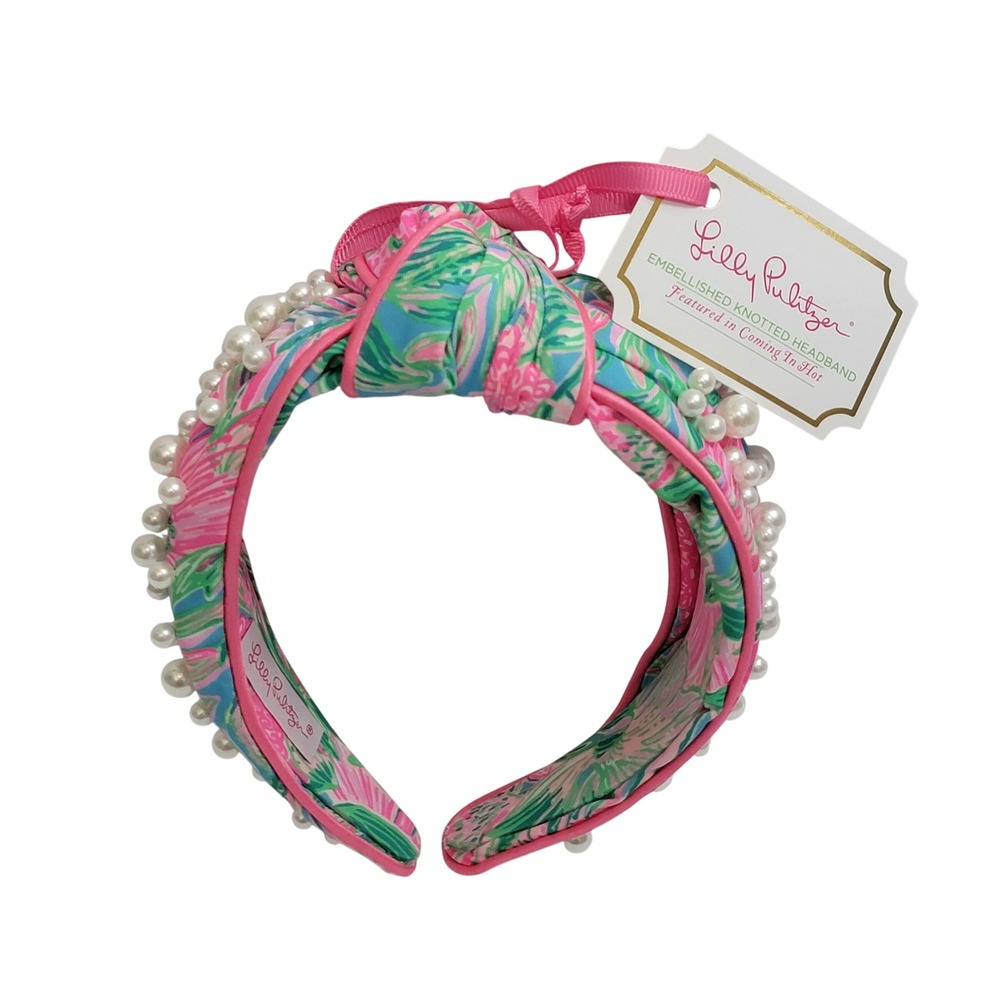 Lilly Pulitzer Coming In Hot Embellished Knotted Headband Pink Floral Pearl NWT